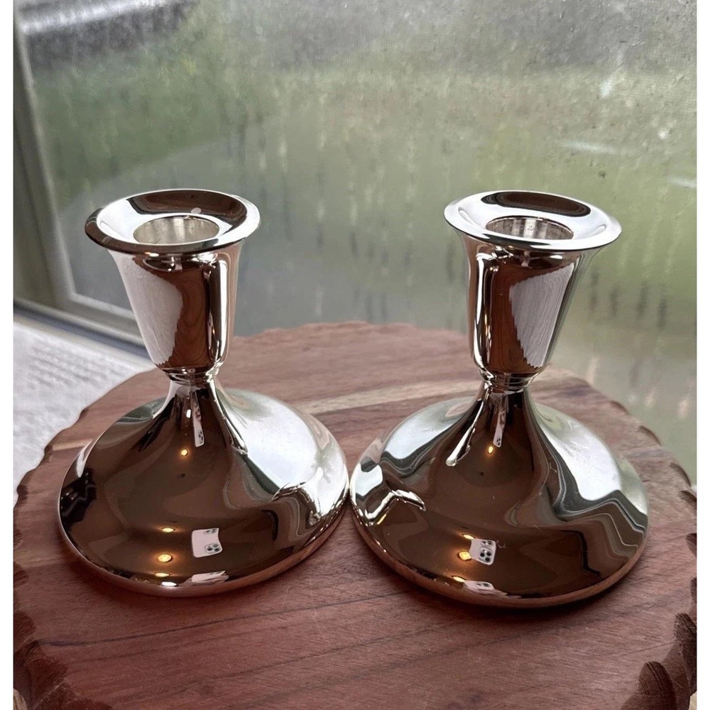 VTG SilverPlate Console Taper Candlestick Holders X2 MCM Minimalist Traditional